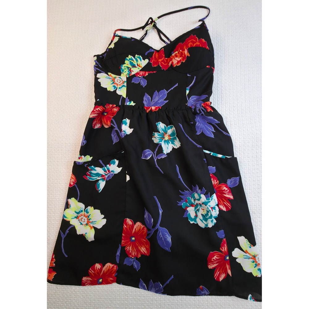 American Eagle Floral Dress Women S Black Smocked Halter Pockets Excellent